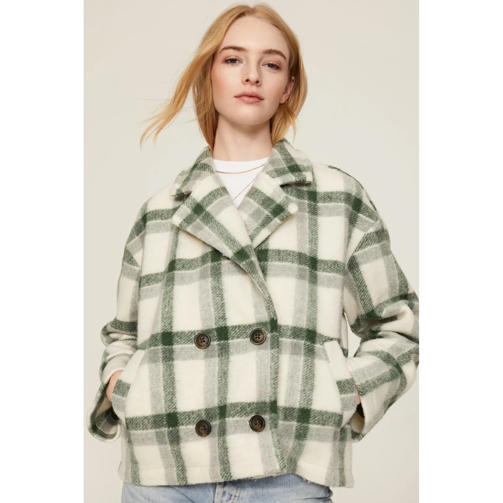 Madewell Womens Plaid Double Breasted Dasani Blazer Fleece Jacket Size S Green